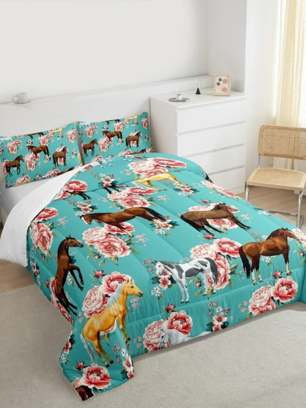 Girls Horse Comforter Set - Full Size Pink Flower Bedding Set for Kids - Gallopi